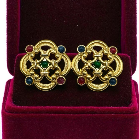 Vintage Trifari Alfred Philippe Gold Tone ‘Jewels of India’ Revival Earrings EUC - Picture 1 of 16